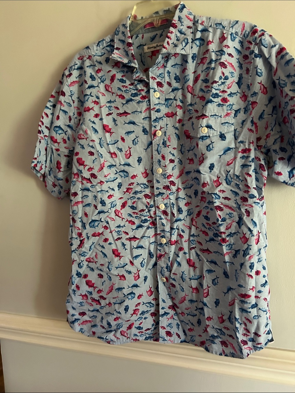 Tommy Bahama Light Blue Short-Sleeve Button-Down with Red & Blue Fish Print